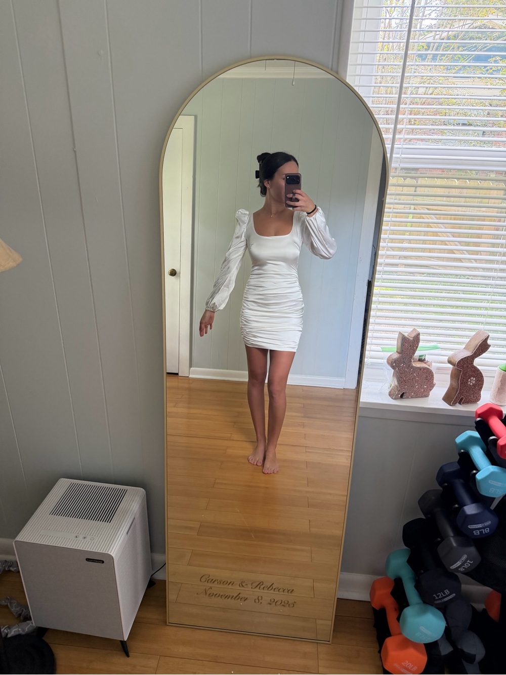White Ruched Long-Sleeve Mini Dress with Square Neck